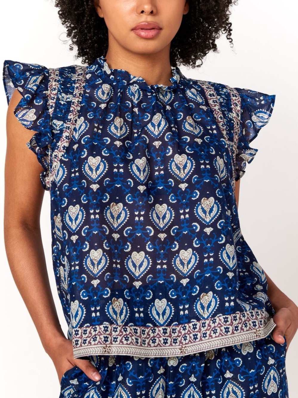 SEA New York Brigitte Border Ruffle Top Blue Medium